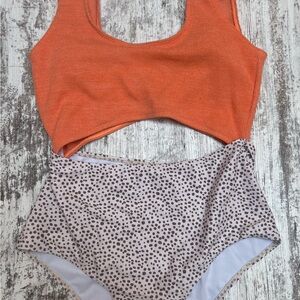 CUPSHE one piece. Orange top with Polka Dot High-Waisted Bikini Bottoms